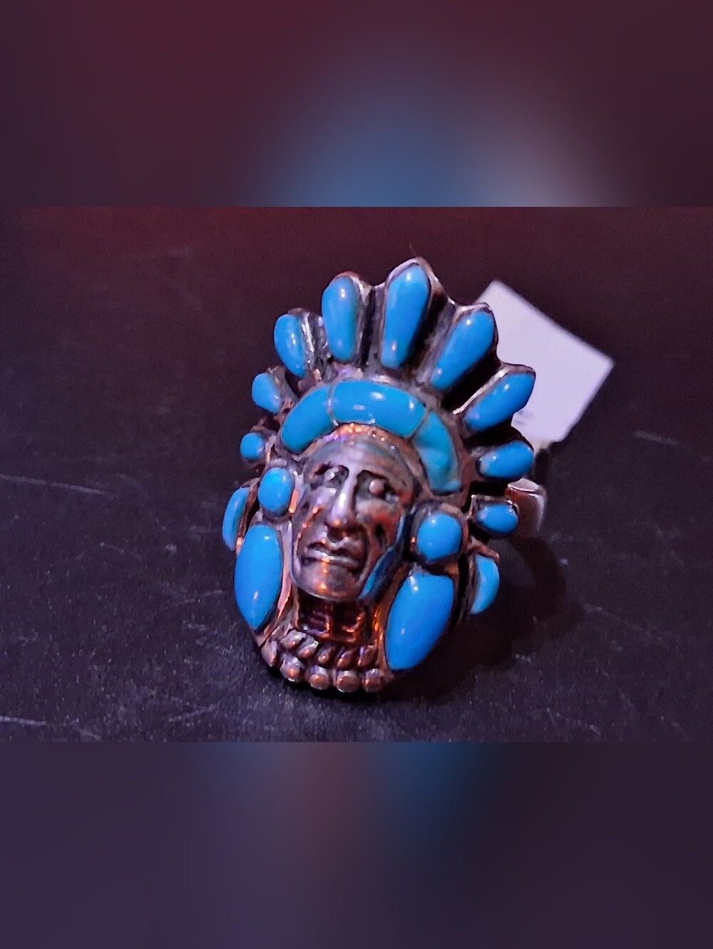 Feather Stamped Chief Headress Kingman Turquoise Ring Size 5 | NOS | VTG w/tags